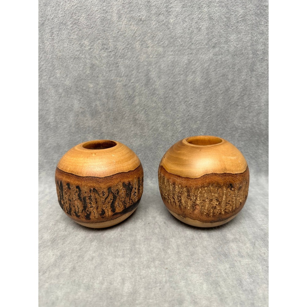 VTG Unbranded Live Edge Wood Tea Light Candle Holders Rustic Spherical Set of 2